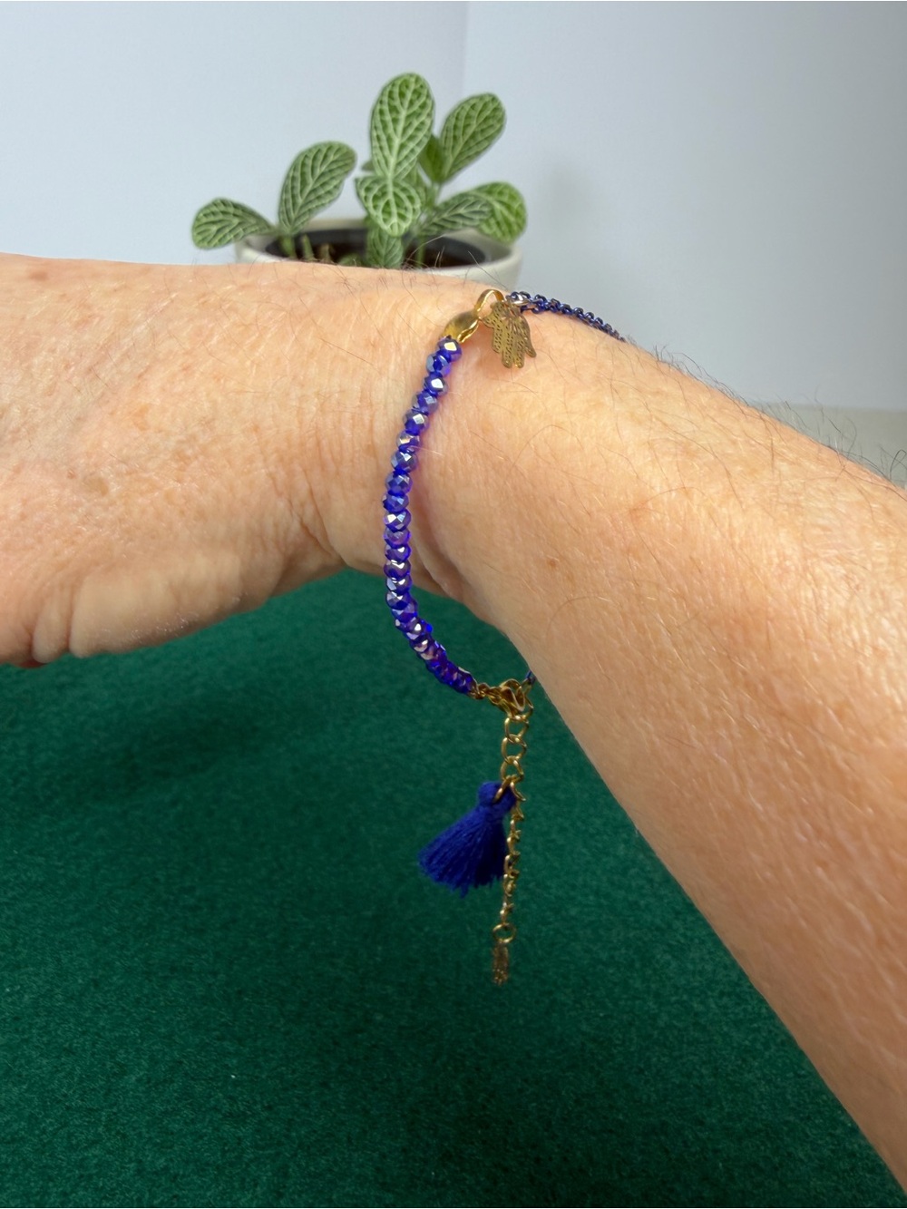 Blue Crystal Beaded Bracelet with Hamsa Hand Charms & Tassel | Adjustable Metal